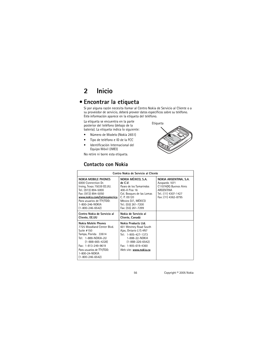 Nokia 2651 manual Inicio, Encontrar la etiqueta, Contacto con Nokia, La etiqueta se encuentra en la parte 