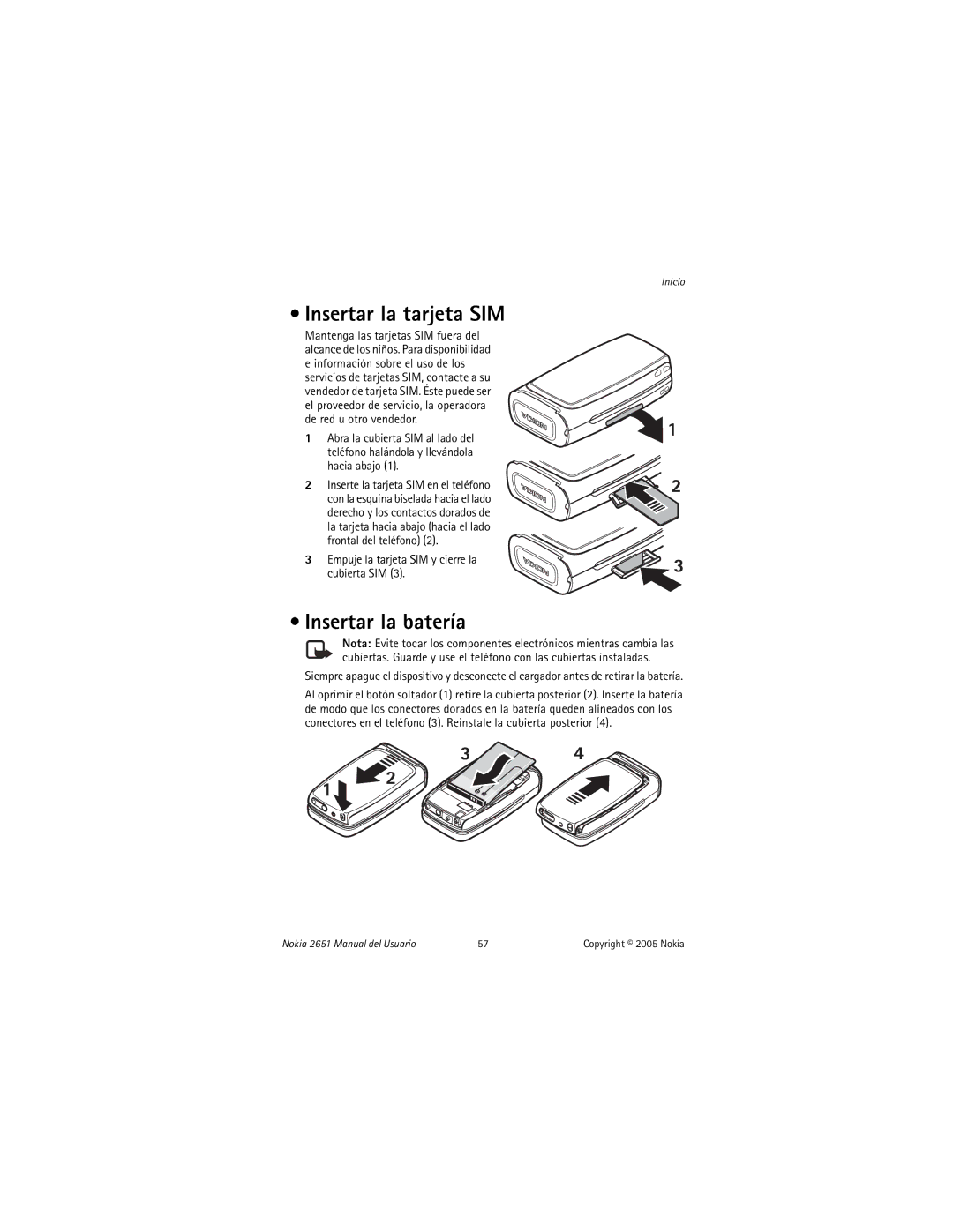 Nokia 2651 manual Insertar la tarjeta SIM, Insertar la batería, Empuje la tarjeta SIM y cierre la cubierta SIM 