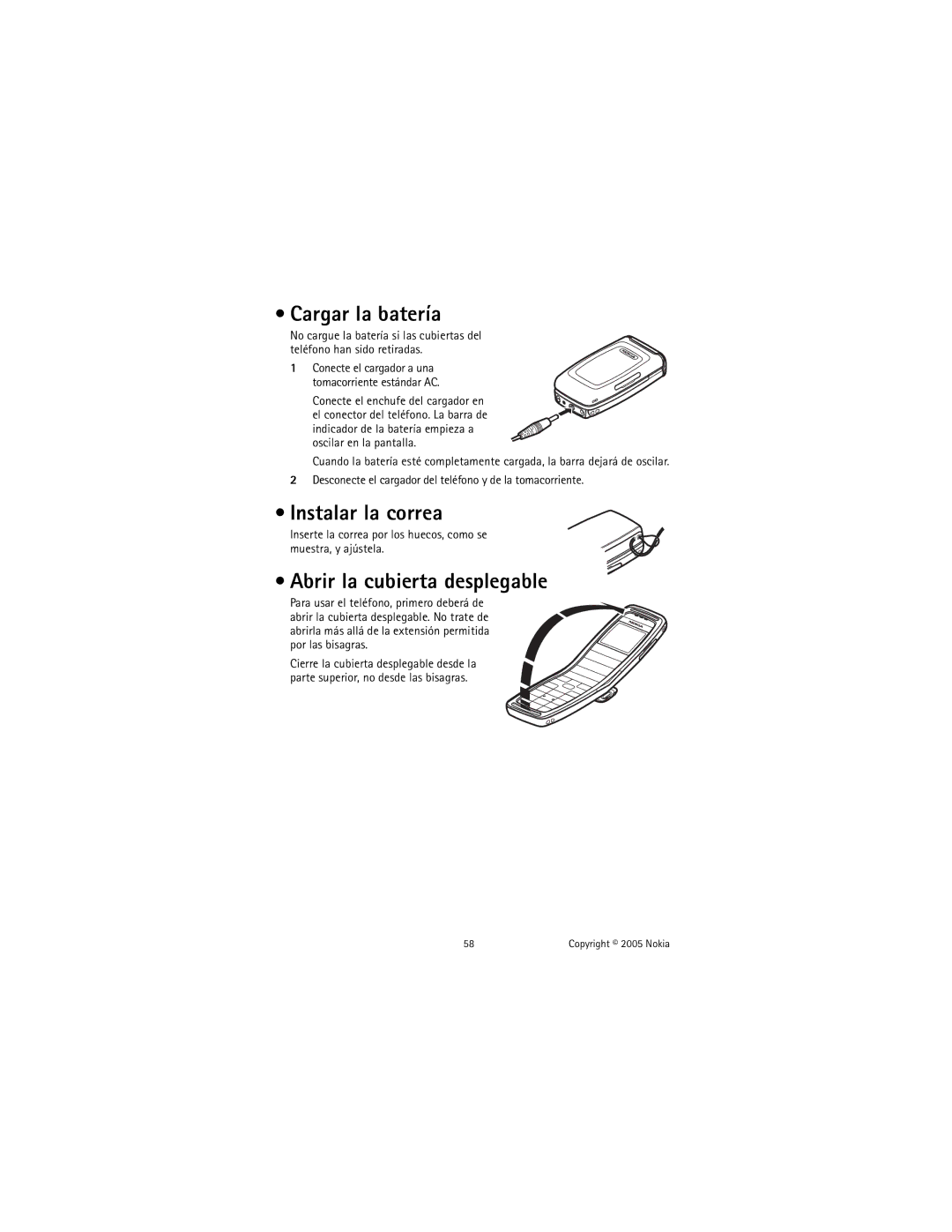 Nokia 2651 manual Cargar la batería, Instalar la correa, Abrir la cubierta desplegable 