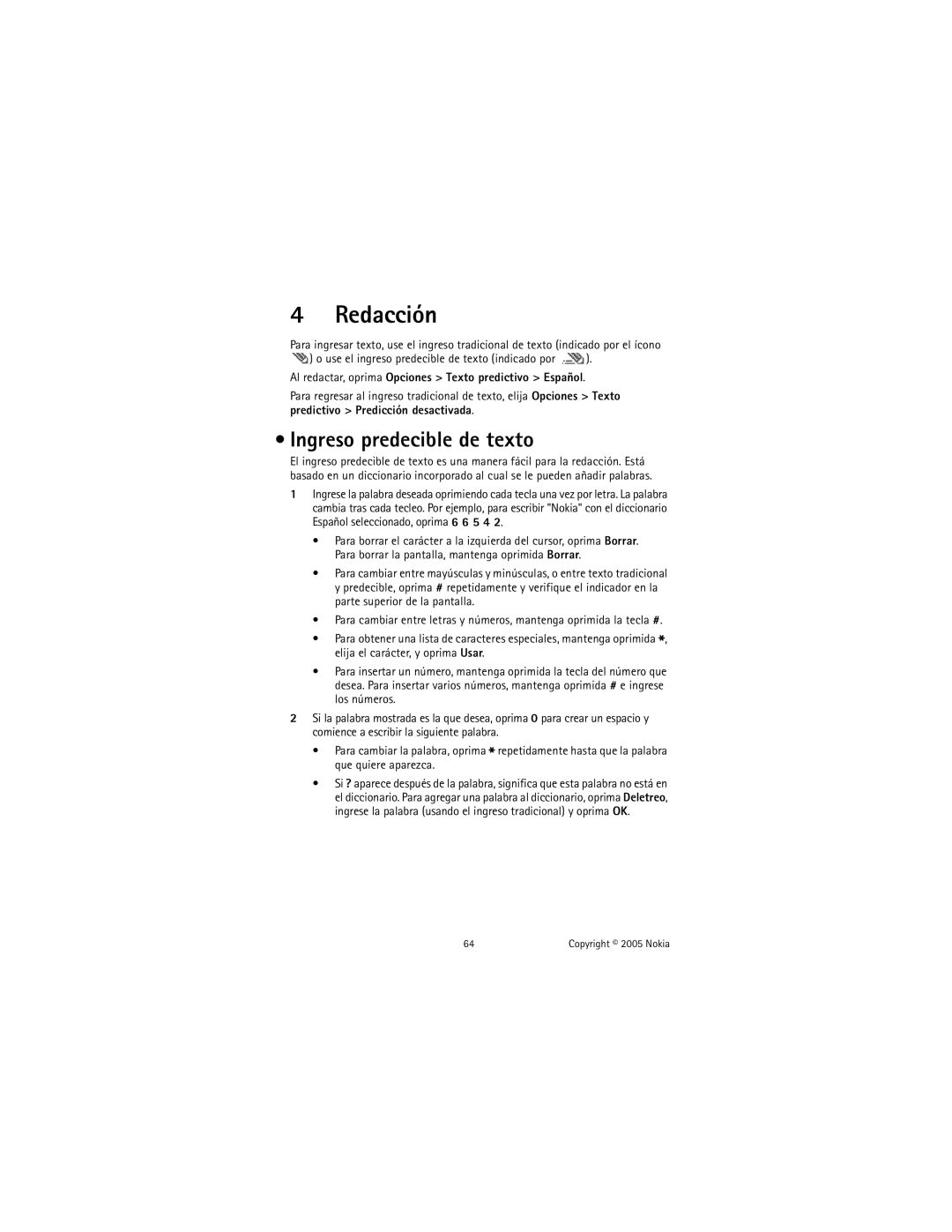 Nokia 2651 manual Redacción, Ingreso predecible de texto, Al redactar, oprima Opciones Texto predictivo Español 