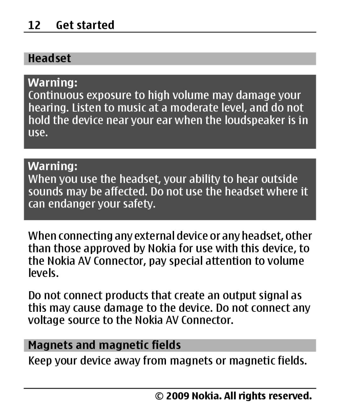 Nokia 2690 manual Get started Headset, Magnets and magnetic fields 