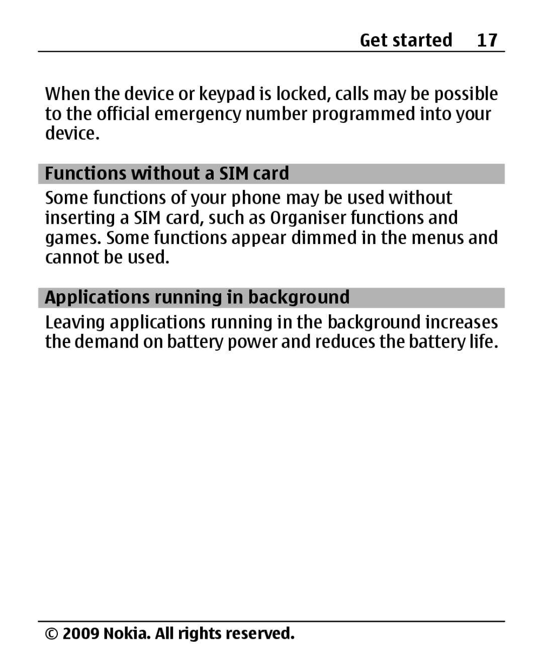 Nokia 2690 manual Functions without a SIM card, Applications running in background 