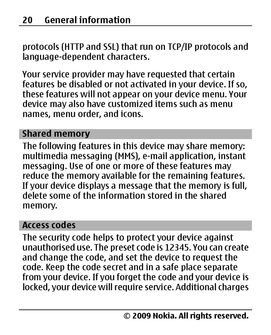 Nokia 2690 manual Shared memory, Access codes 