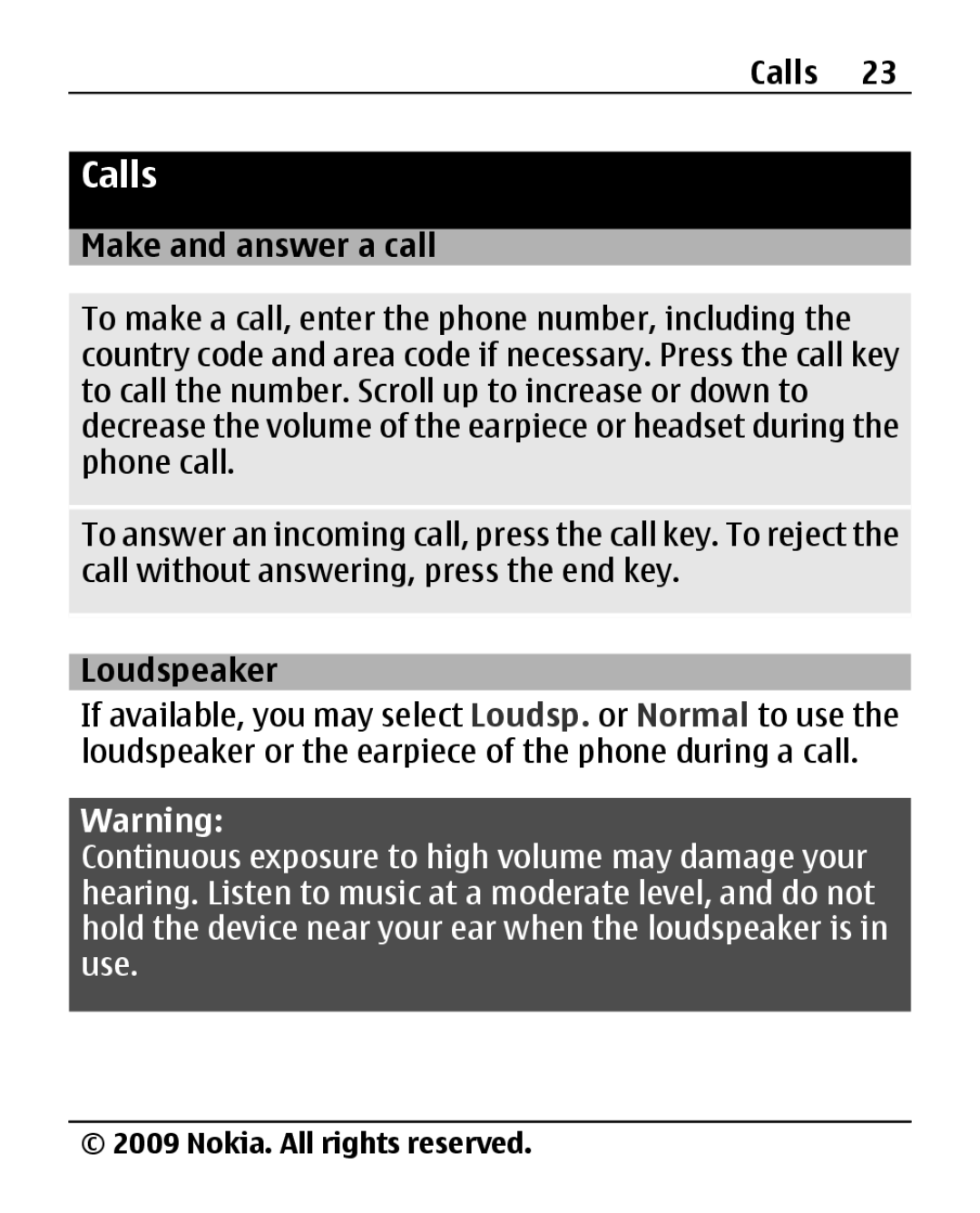 Nokia 2690 manual Calls, Make and answer a call, Loudspeaker 