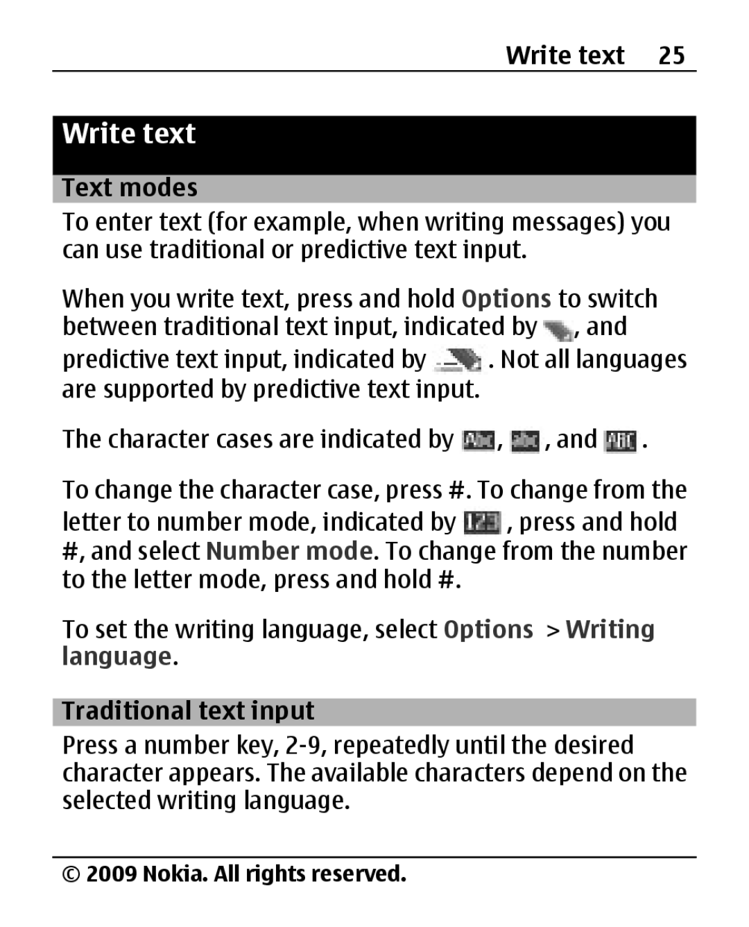 Nokia 2690 manual Write text, Text modes, Traditional text input 