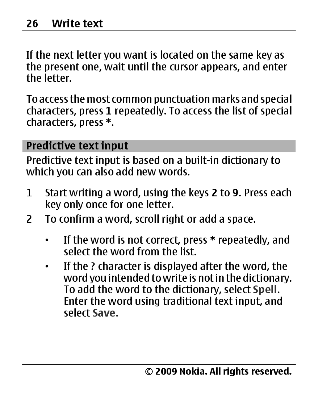 Nokia 2690 manual Predictive text input 