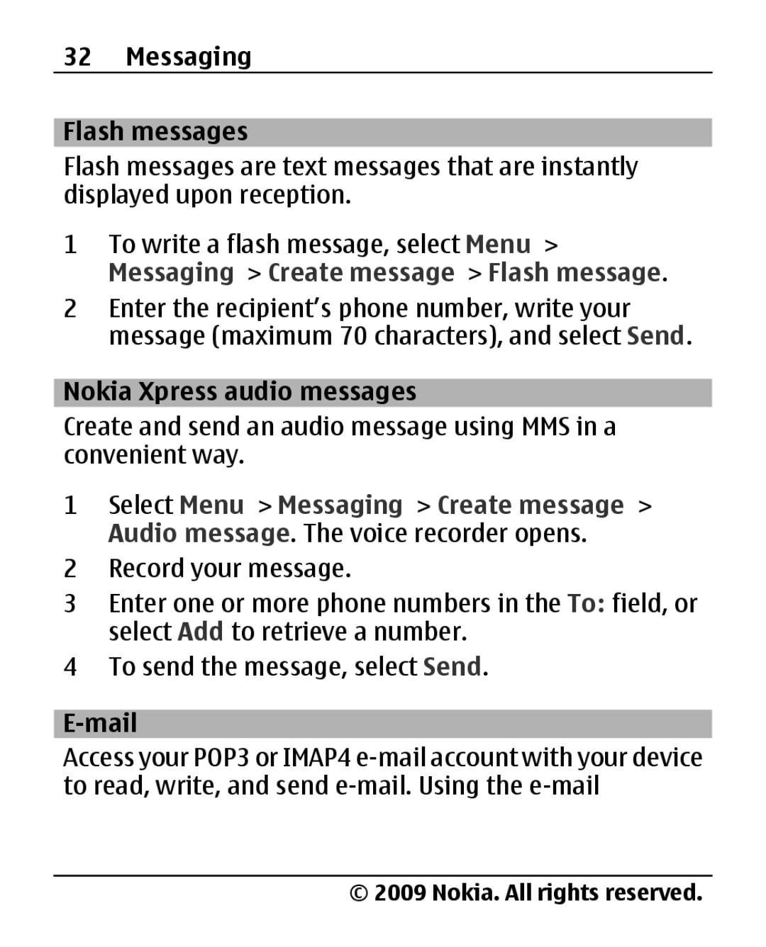 Nokia 2690 manual Messaging Flash messages, Messaging Create message Flash message, Nokia Xpress audio messages, Mail 