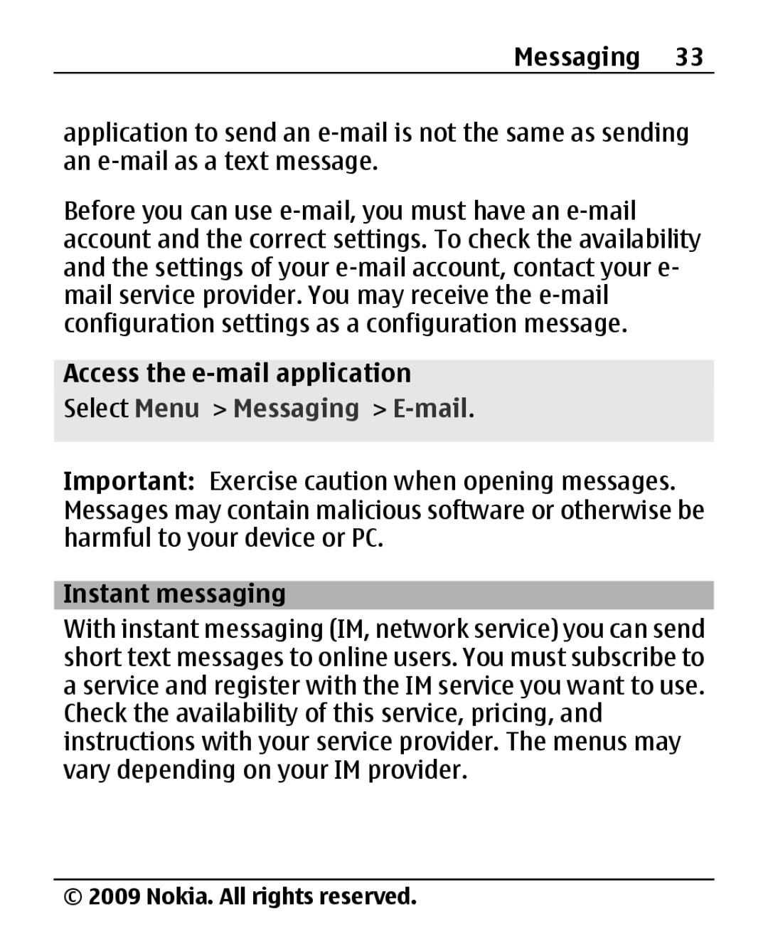 Nokia 2690 manual Access the e-mail application, Select Menu Messaging E-mail, Instant messaging 