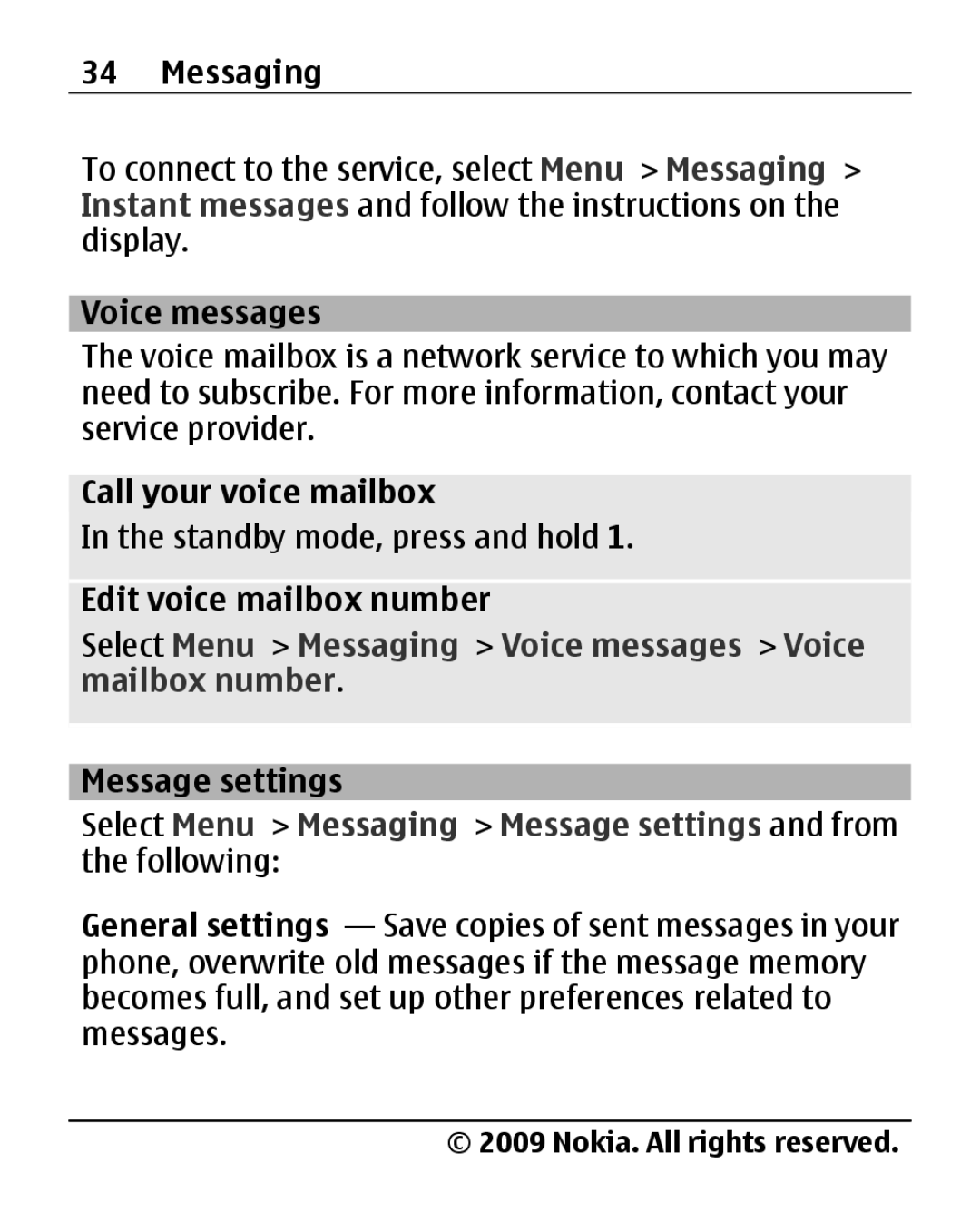 Nokia 2690 manual Voice messages, Call your voice mailbox, Edit voice mailbox number, Message settings 