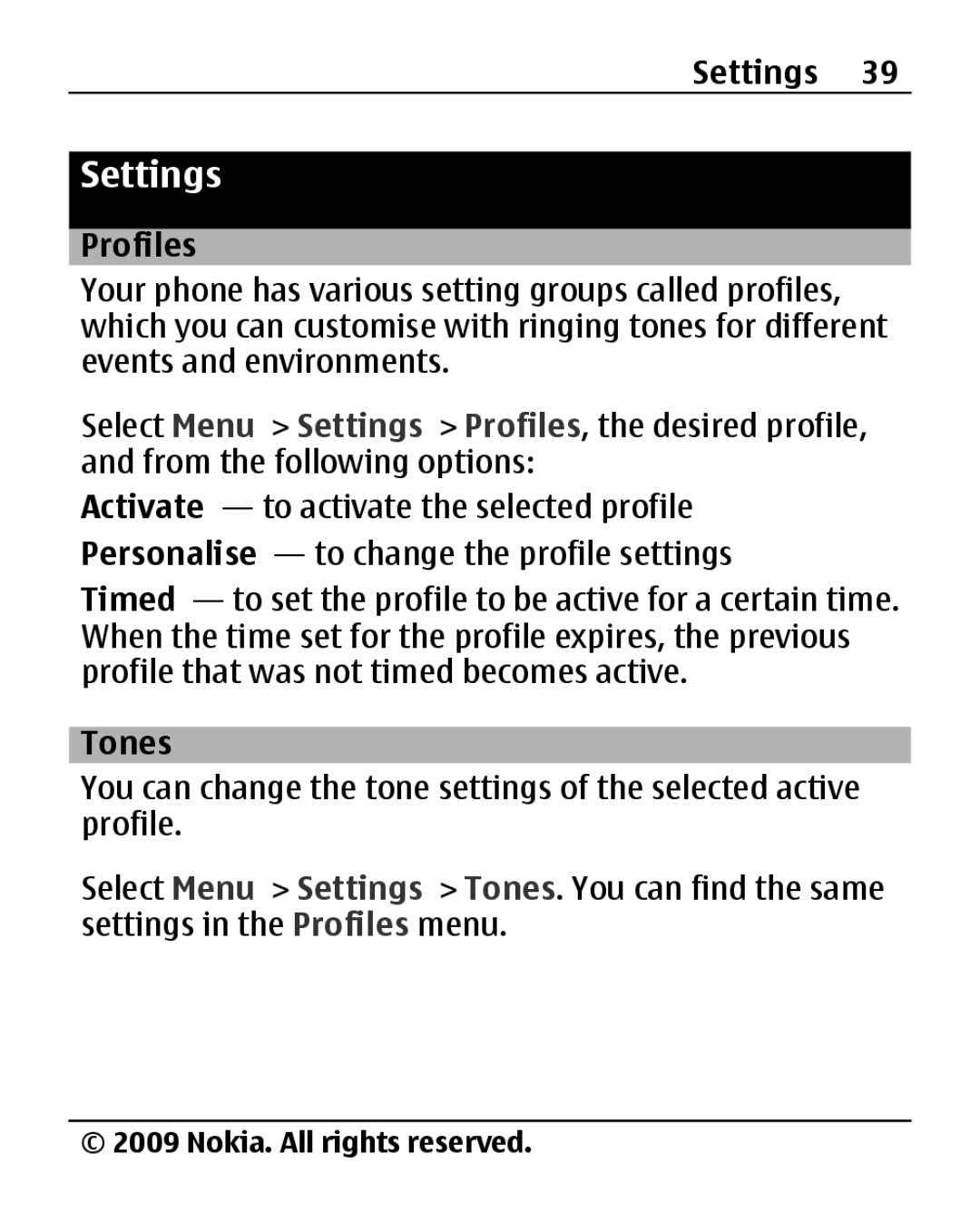 Nokia 2690 manual Settings, Profiles, Tones 