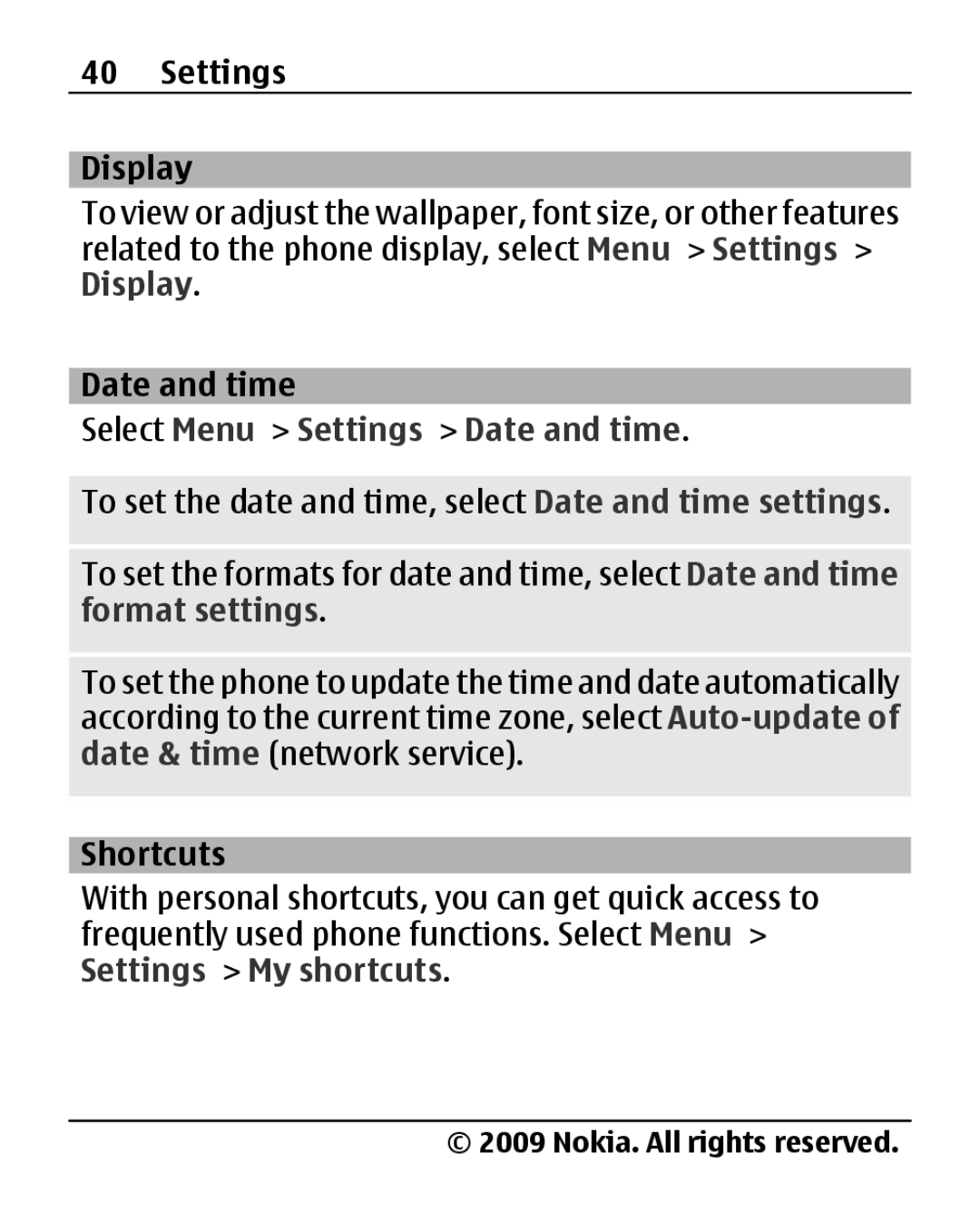 Nokia 2690 manual Settings Display, Select Menu Settings Date and time, Shortcuts 