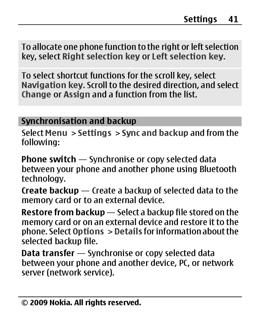 Nokia 2690 manual Synchronisation and backup, Select Menu Settings Sync and backup and from the following 