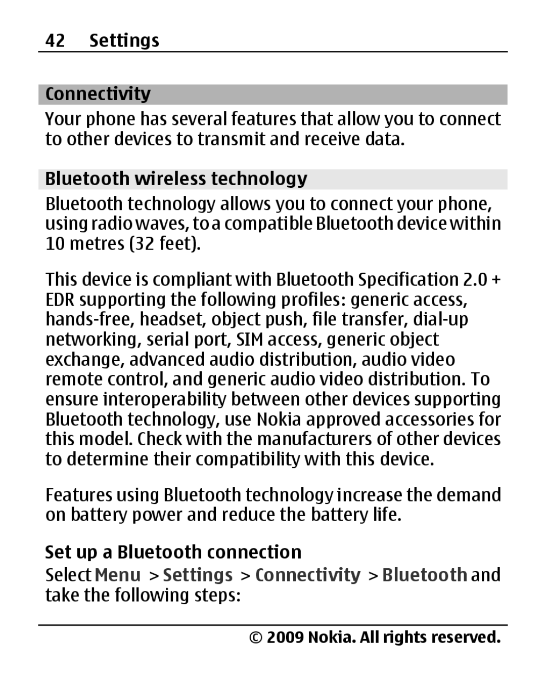 Nokia 2690 manual Settings Connectivity, Bluetooth wireless technology, Set up a Bluetooth connection 