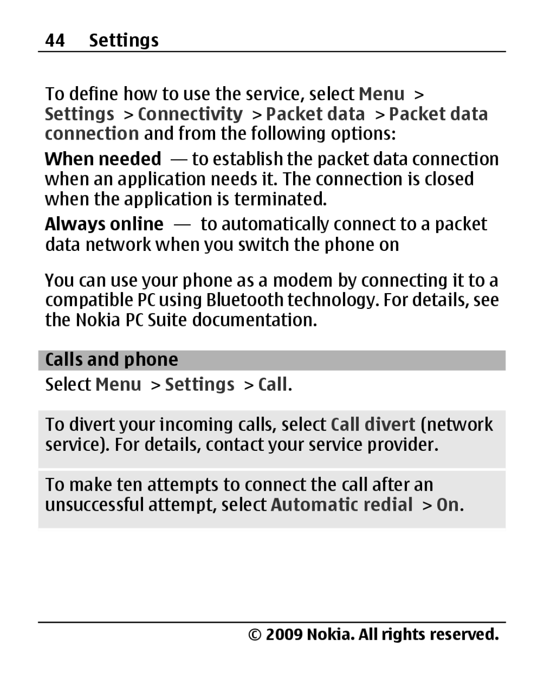 Nokia 2690 manual Calls and phone, Select Menu Settings Call 