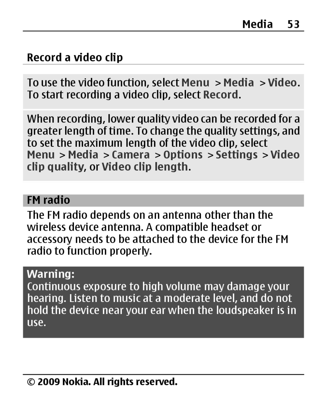 Nokia 2690 manual Media Record a video clip, FM radio 