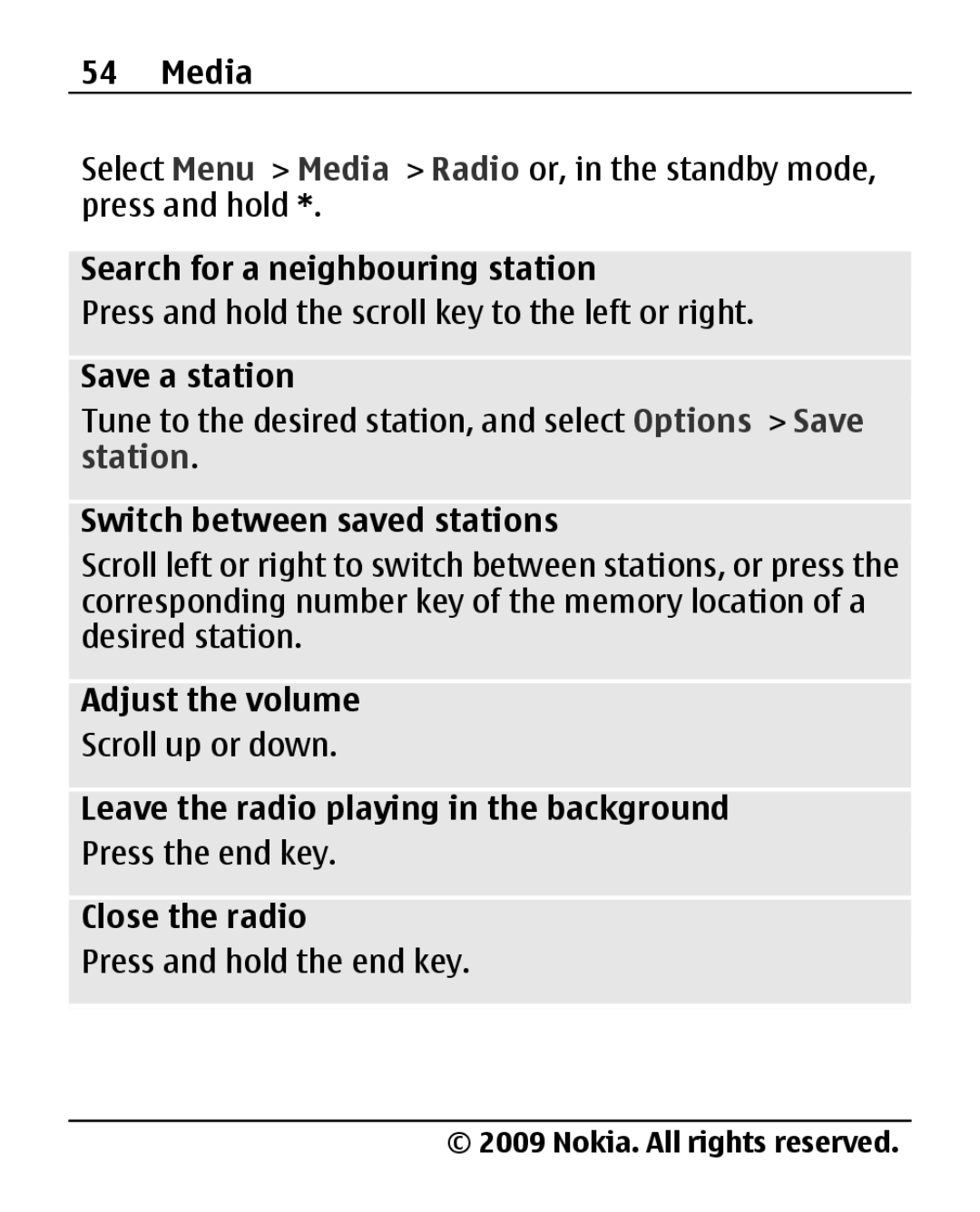 Nokia 2690 manual Search for a neighbouring station, Save a station, Switch between saved stations, Adjust the volume 