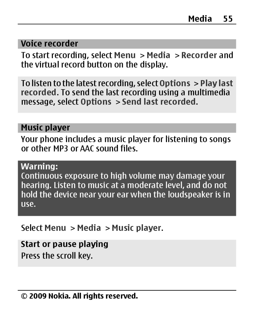 Nokia 2690 manual Media Voice recorder, Select Menu Media Music player, Start or pause playing 