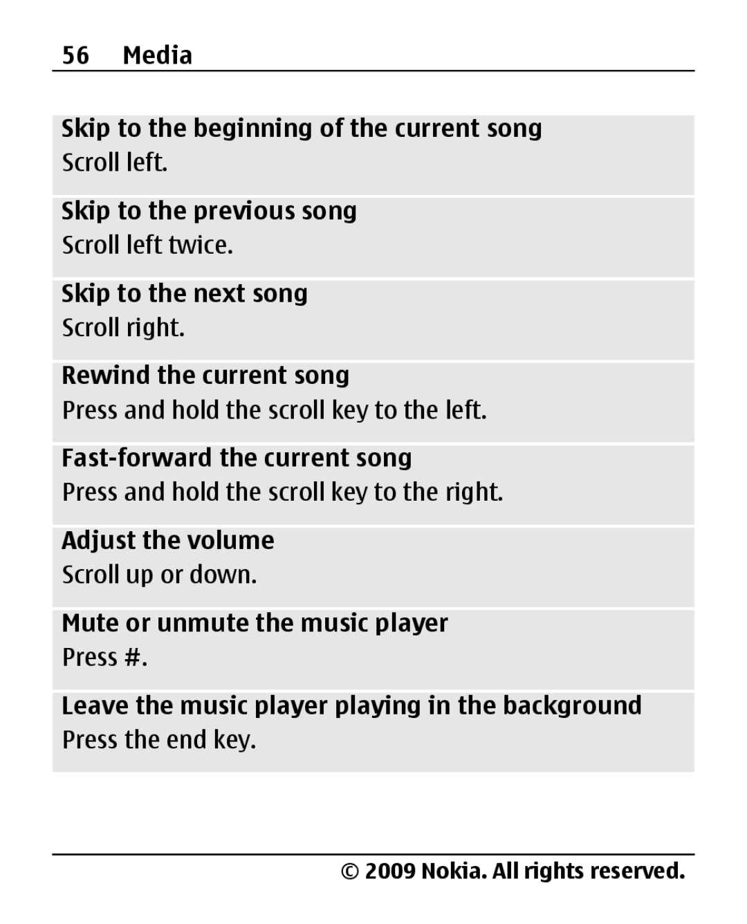 Nokia 2690 manual Fast-forward the current song 