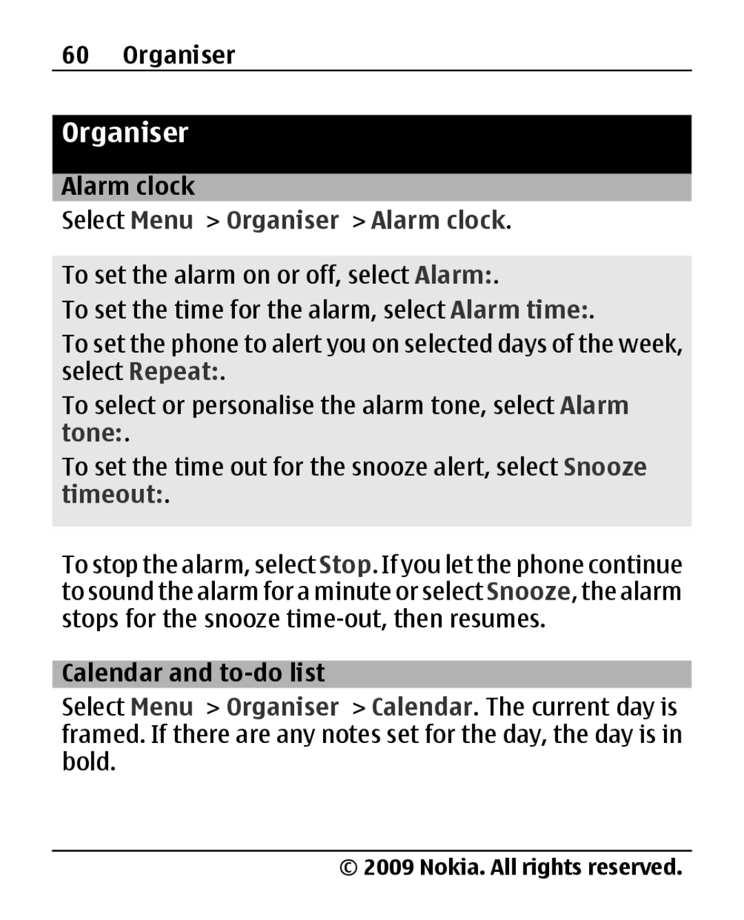 Nokia 2690 manual Select Menu Organiser Alarm clock, Calendar and to-do list 