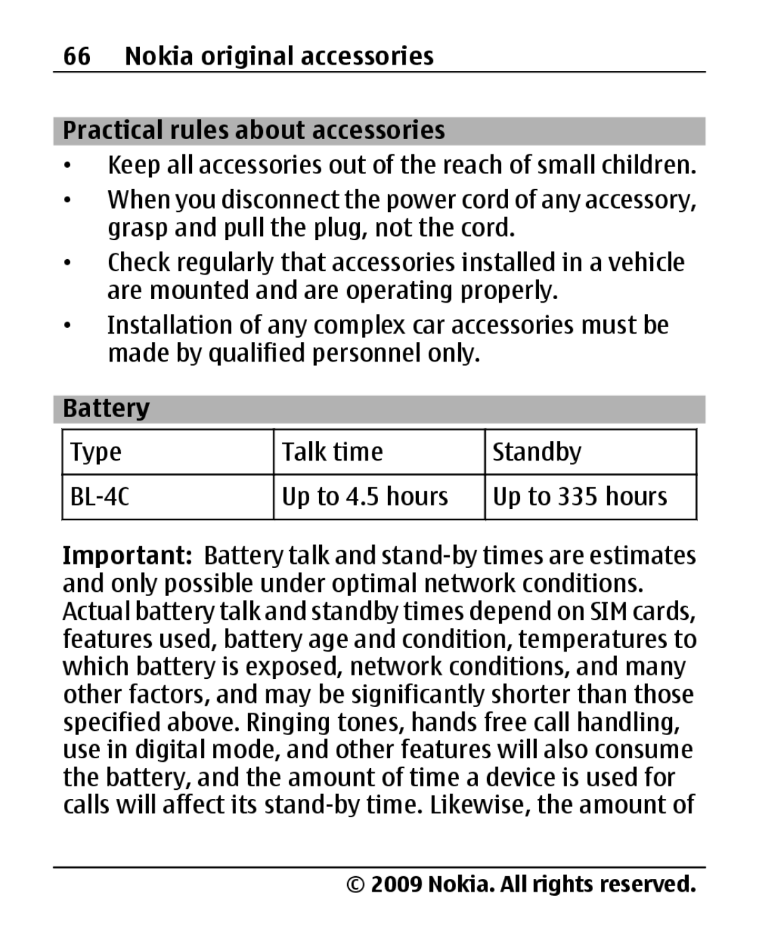 Nokia 2690 manual Nokia original accessories Practical rules about accessories, Battery 