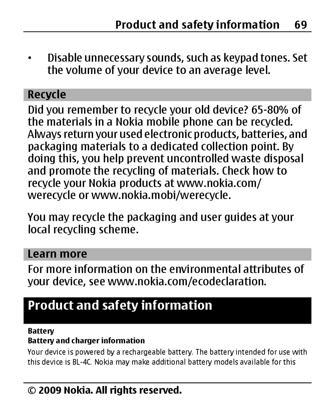 Nokia 2690 manual Product and safety information, Recycle, Learn more, Battery Battery and charger information 