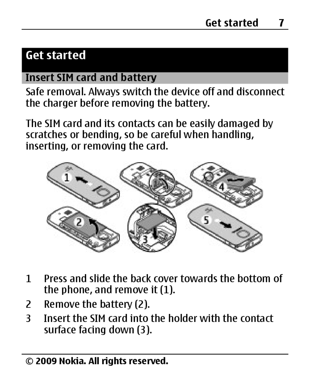 Nokia 2690 manual Get started, Insert SIM card and battery 