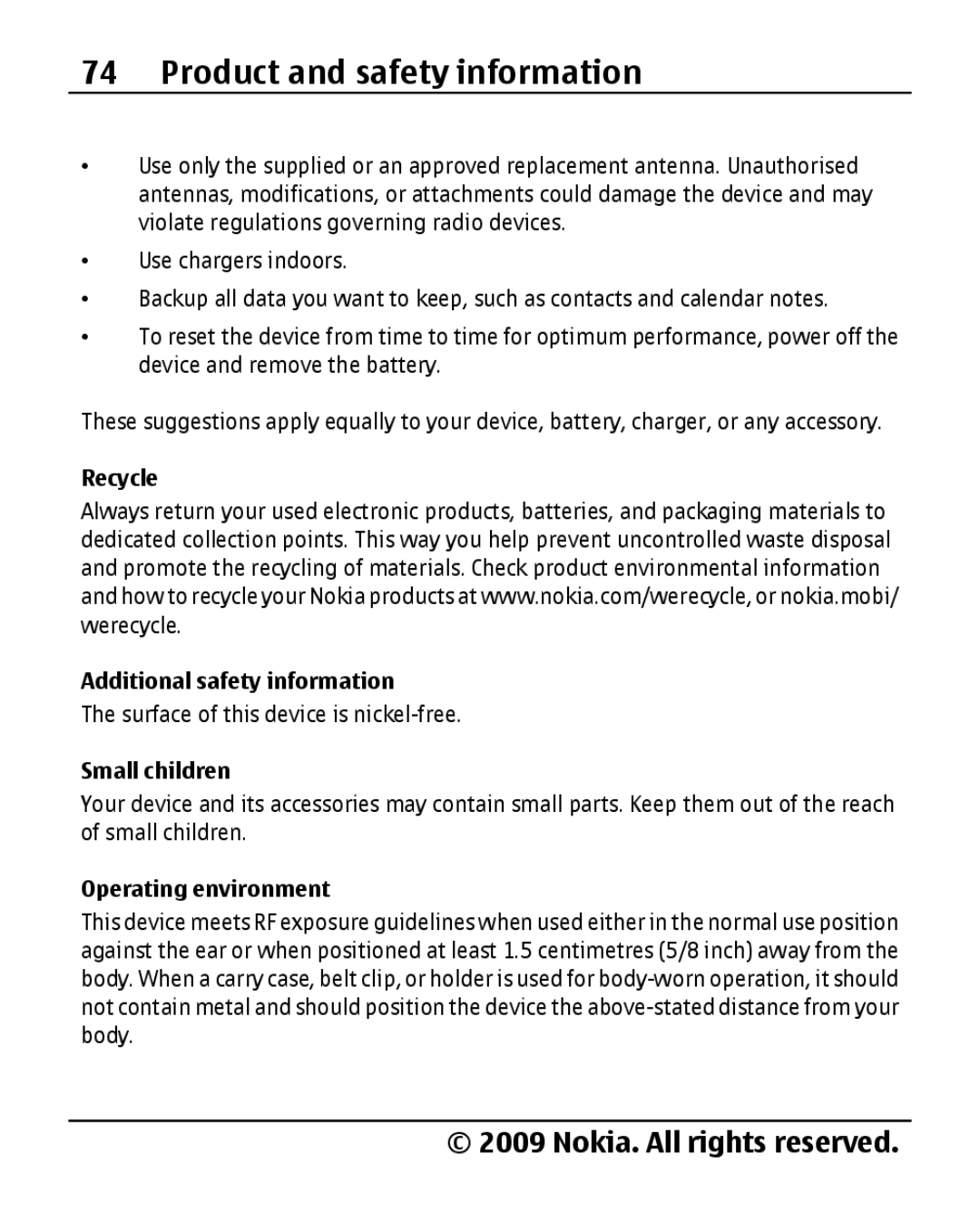 Nokia 2690 manual Recycle Additional safety information, Small children, Operating environment 