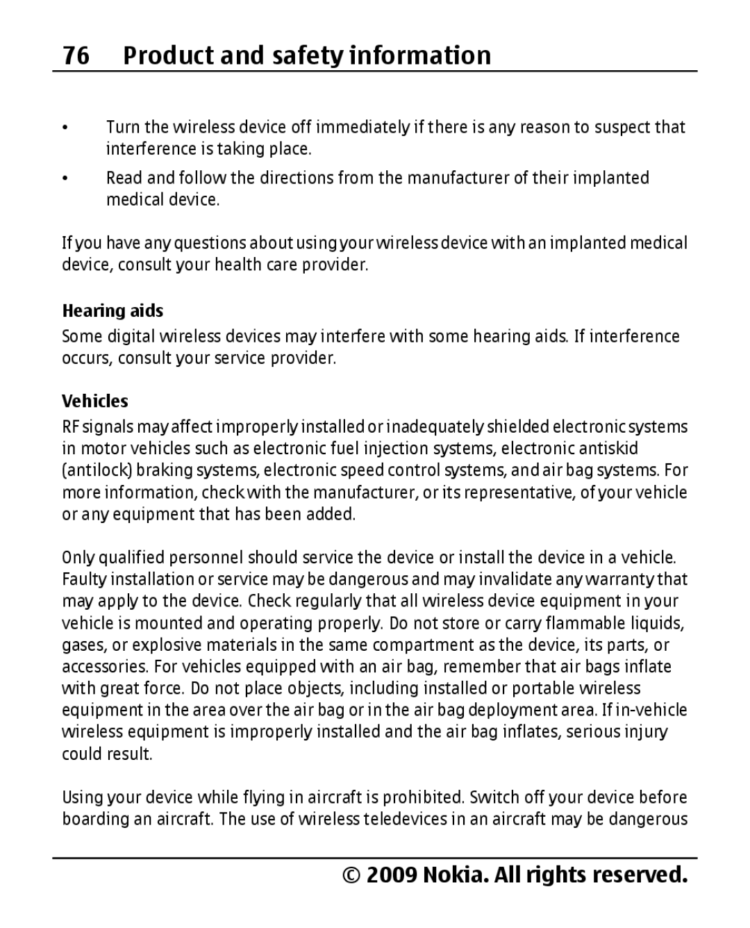 Nokia 2690 manual Hearing aids, Vehicles 