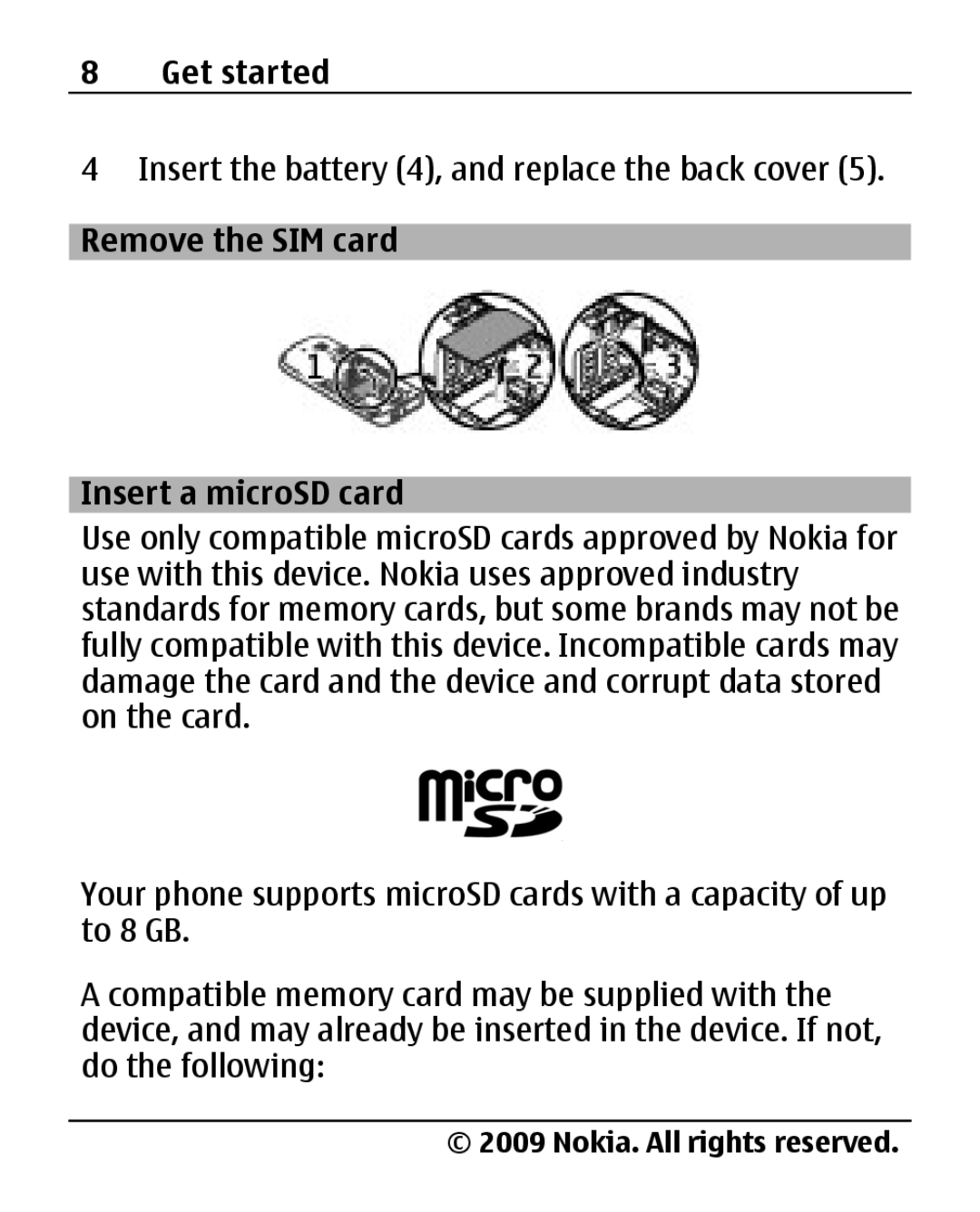 Nokia 2690 manual Remove the SIM card Insert a microSD card 