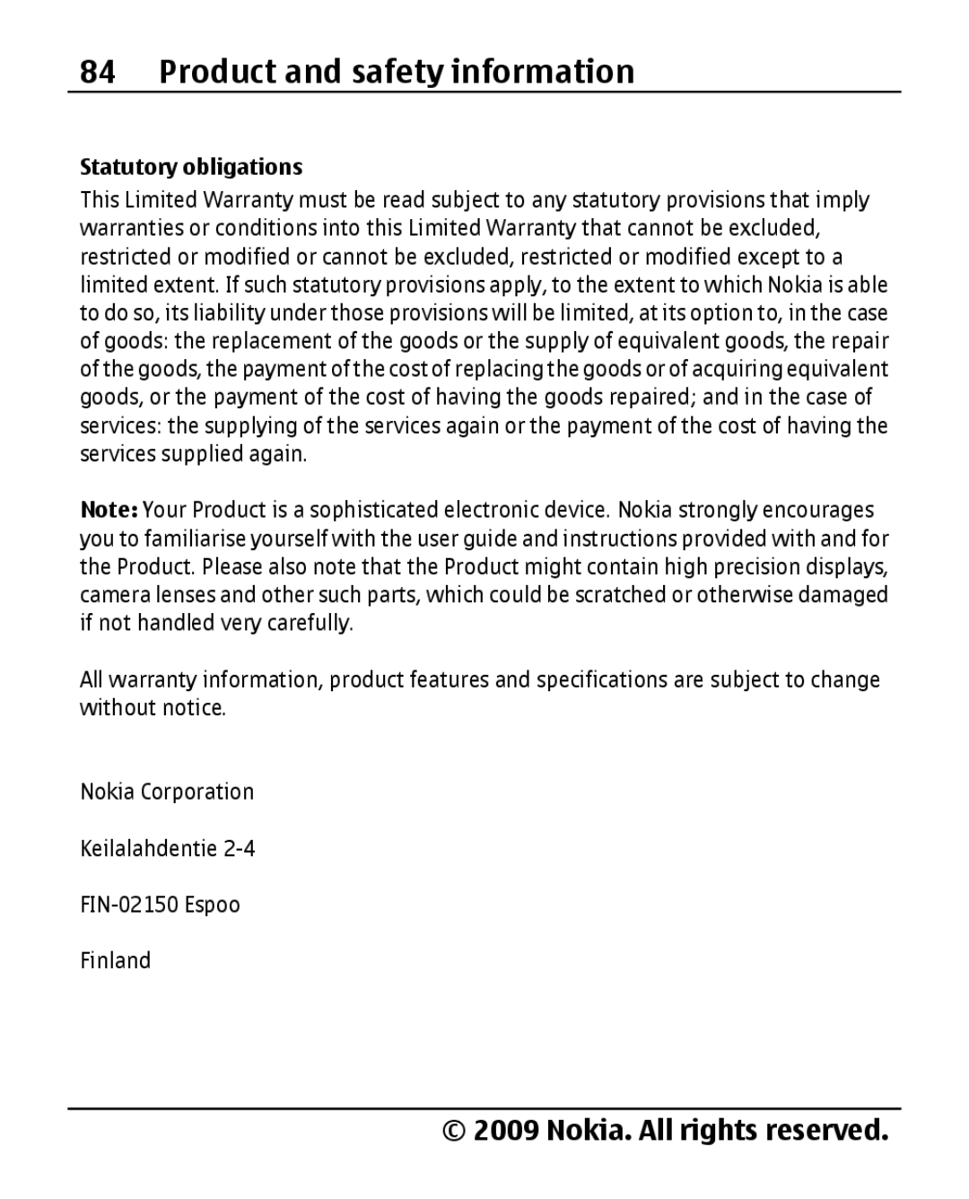 Nokia 2690 manual Statutory obligations 