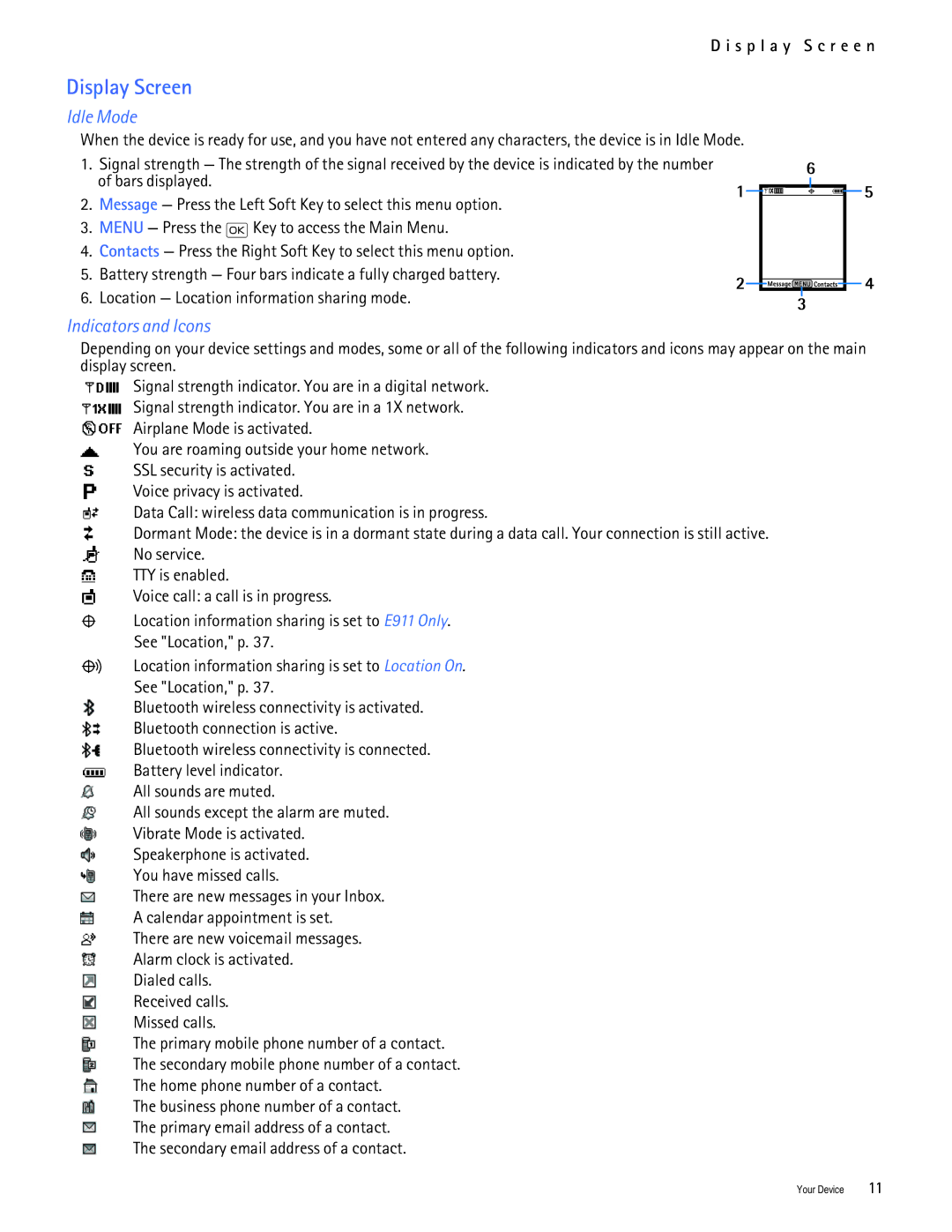 Nokia 2705 manual Display Screen, Idle Mode, Indicators and Icons, S p l a y S c r e e n 