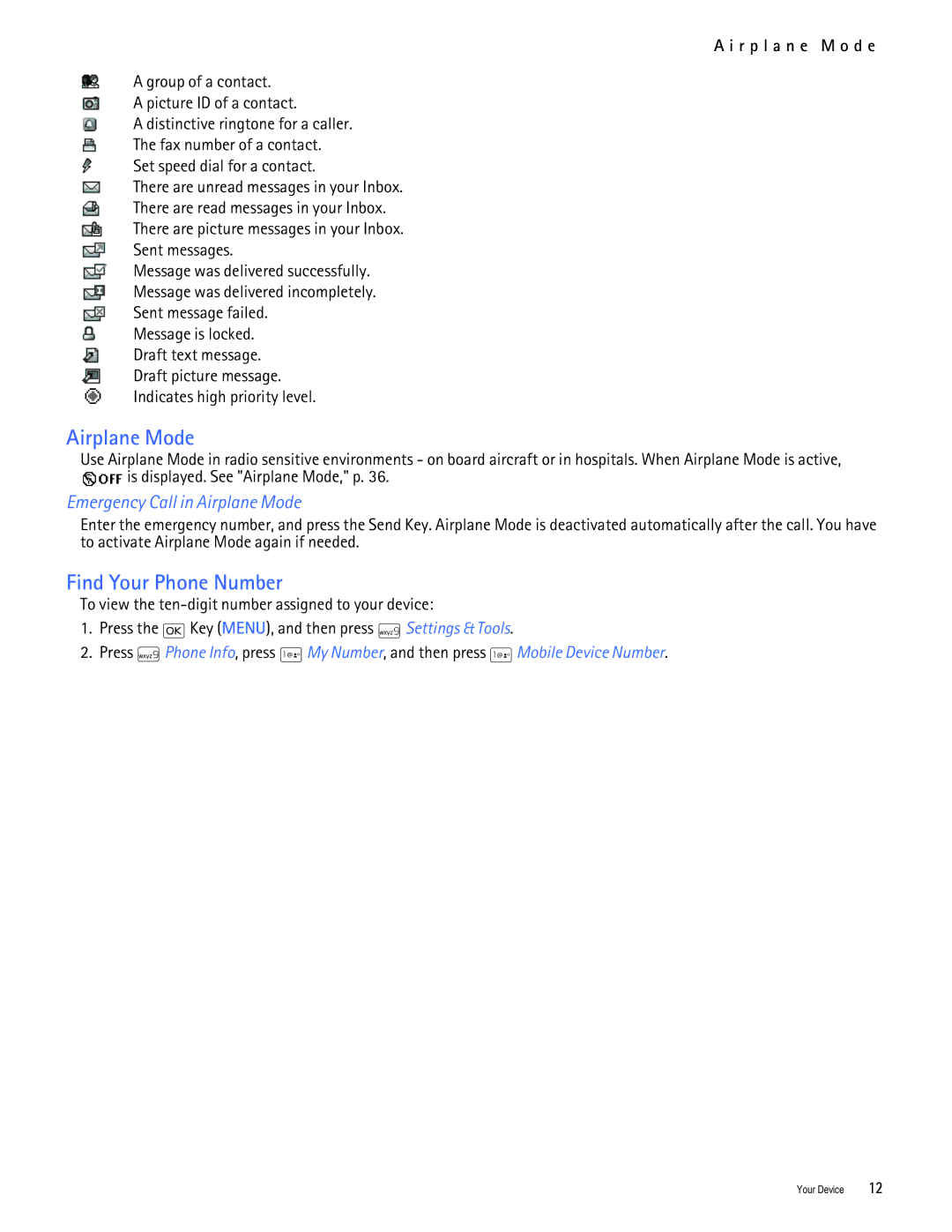 Nokia 2705 manual Find Your Phone Number, Emergency Call in Airplane Mode, R p l a n e M o d e 