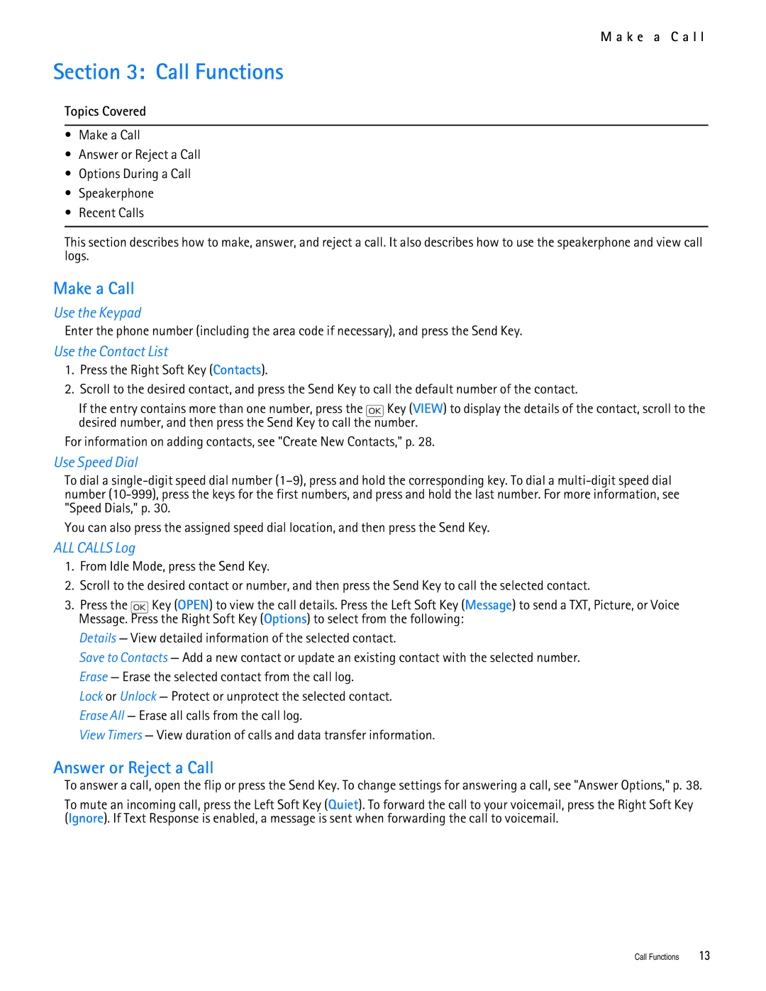 Nokia 2705 manual Call Functions, Make a Call, Answer or Reject a Call 