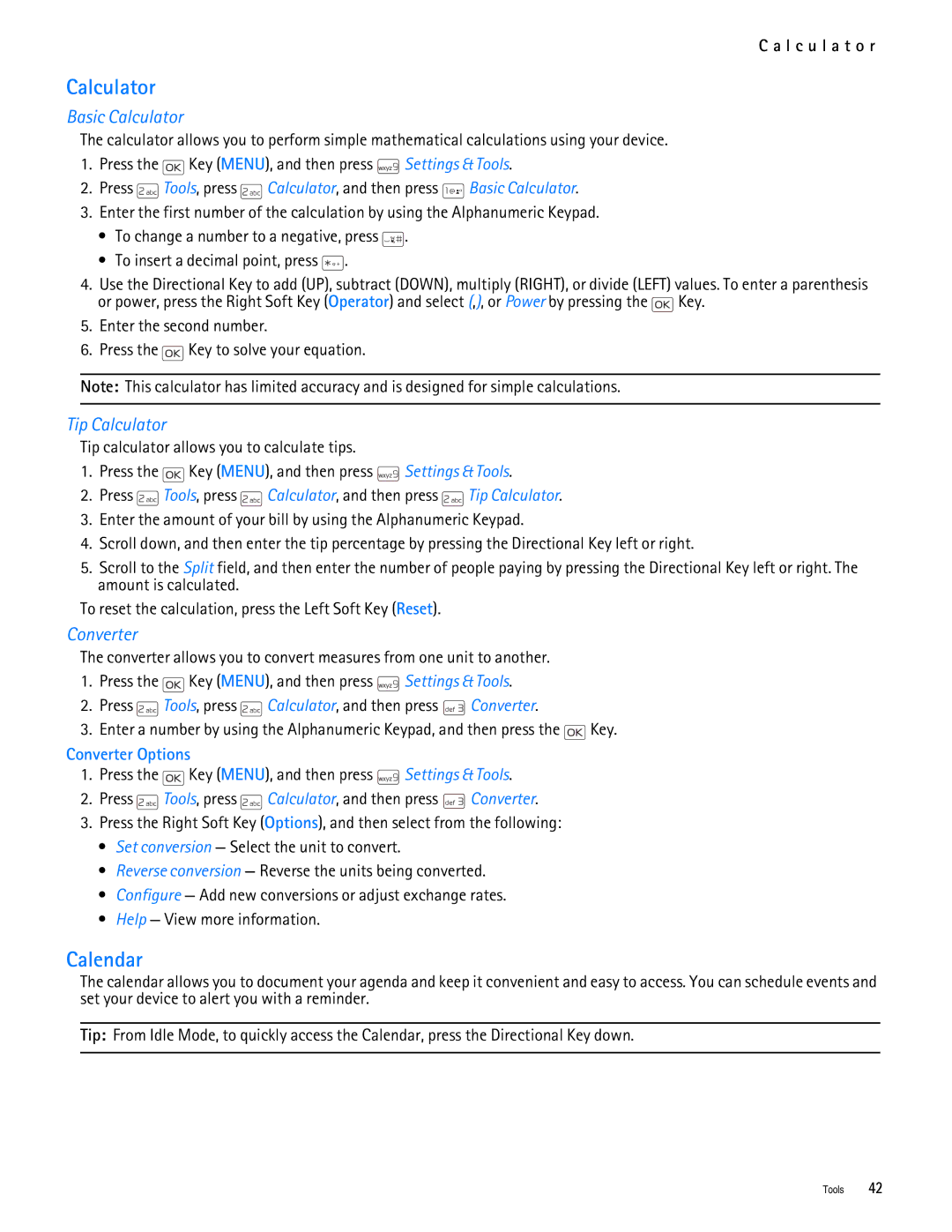 Nokia 2705 manual Calendar, Basic Calculator, Tip Calculator, Converter 