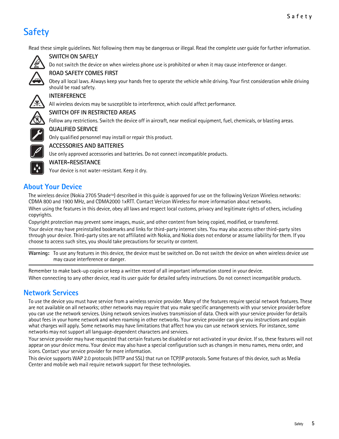 Nokia 2705 manual Safety, About Your Device, Network Services, F e t y 