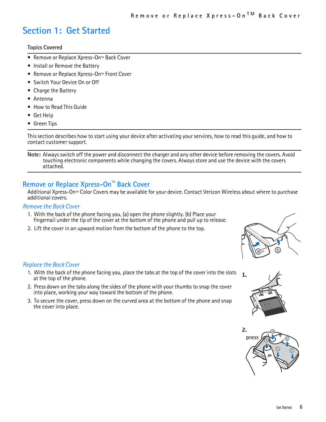 Nokia 2705 manual Get Started, Remove or Replace Xpress-OnTMBack Cover, Remove the Back Cover, Replace the Back Cover 