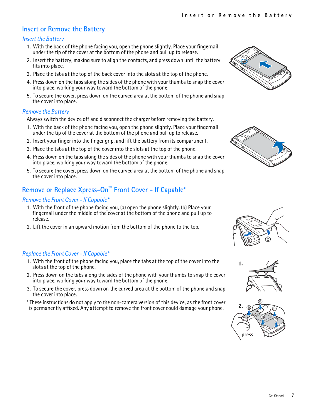 Nokia 2705 manual Insert or Remove the Battery, Remove or Replace Xpress-OnTMFront Cover If Capable 