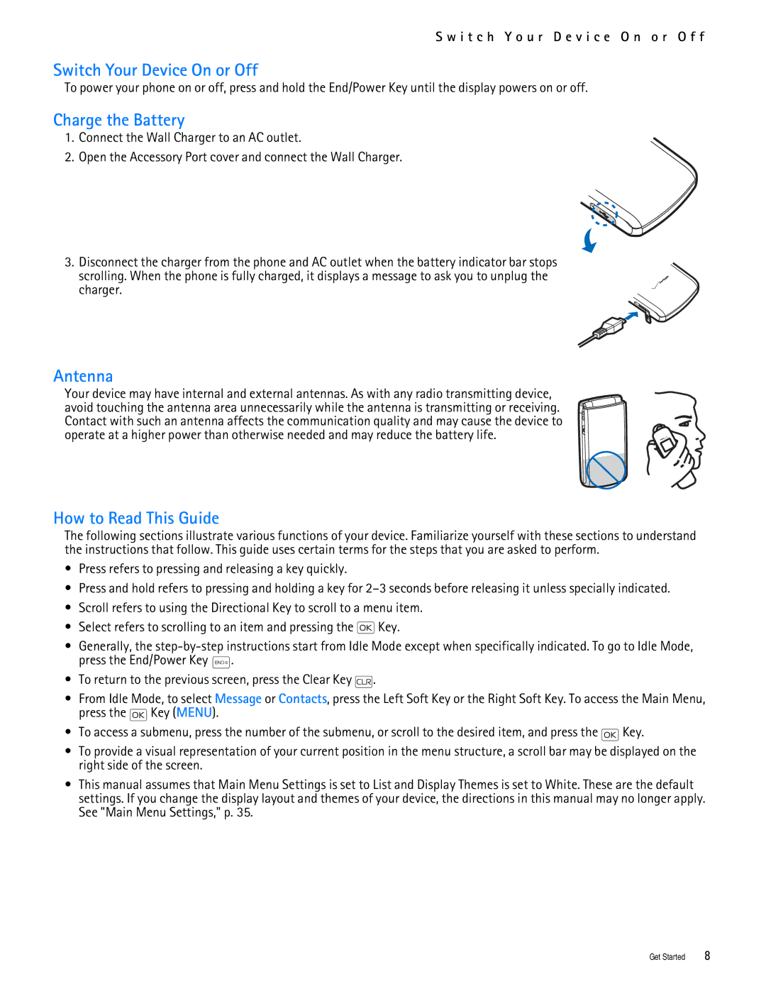 Nokia 2705 manual Switch Your Device On or Off, Charge the Battery, Antenna, How to Read This Guide 