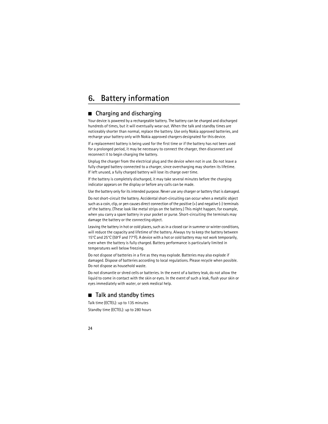 Nokia 2760 manual Battery information, Charging and discharging, Talk and standby times 