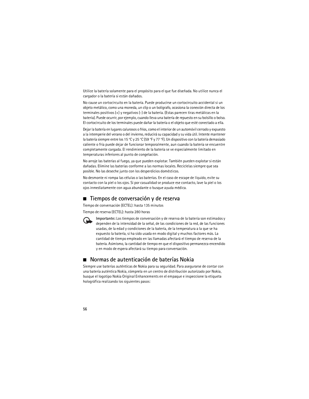 Nokia 2760 manual Tiempos de conversación y de reserva, Normas de autenticación de baterías Nokia 