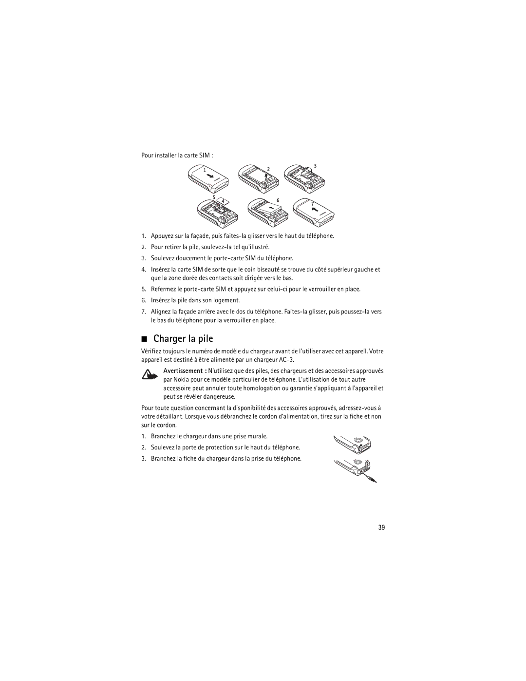 Nokia 2760 manual Charger la pile 