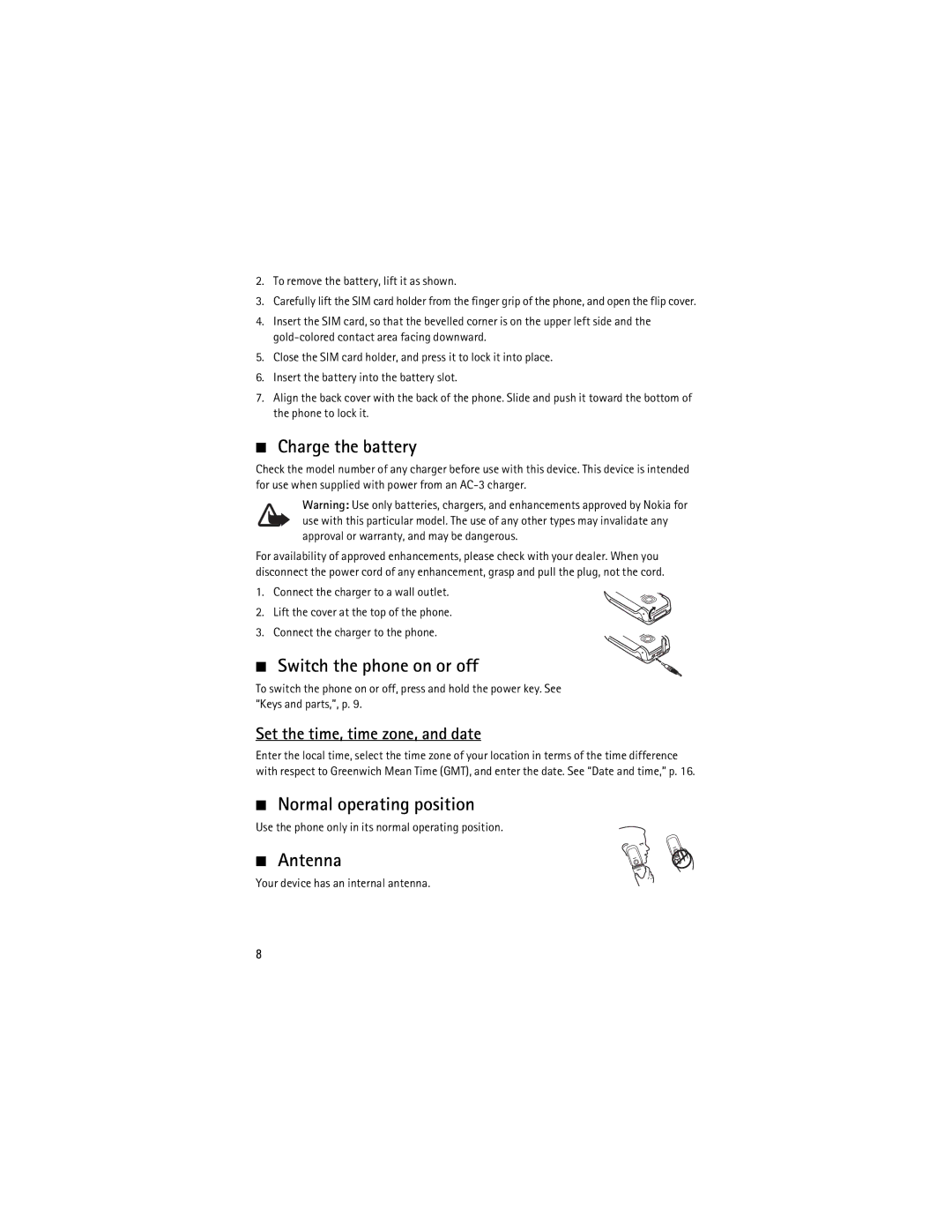 Nokia 2760 manual Charge the battery, Switch the phone on or off, Normal operating position, Antenna 