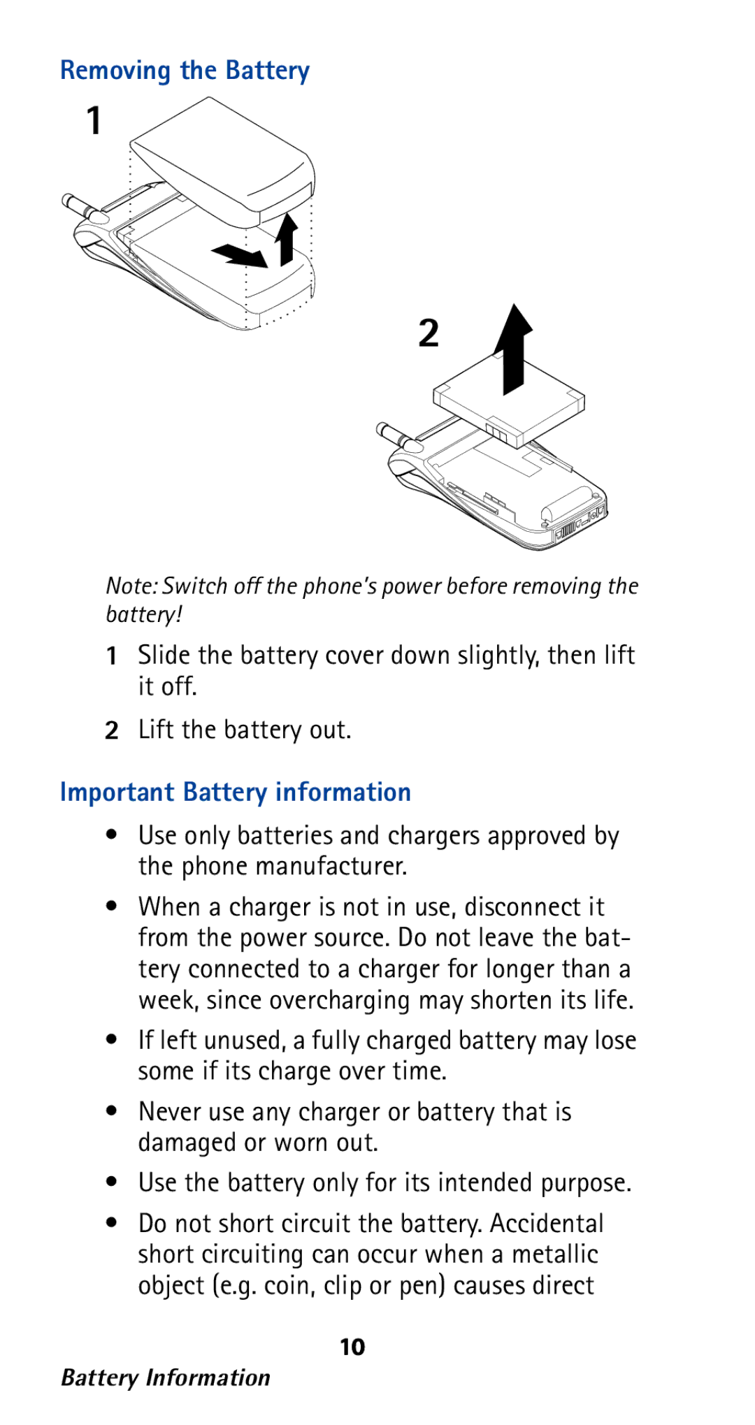Nokia 282 owner manual Removing the Battery, Important Battery information 