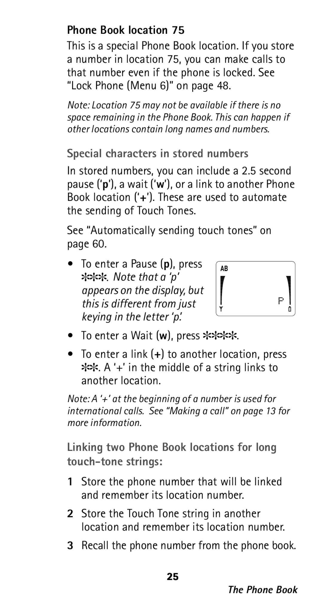 Nokia 282 owner manual Phone Book location, Special characters in stored numbers, See Automatically sending touch tones on 