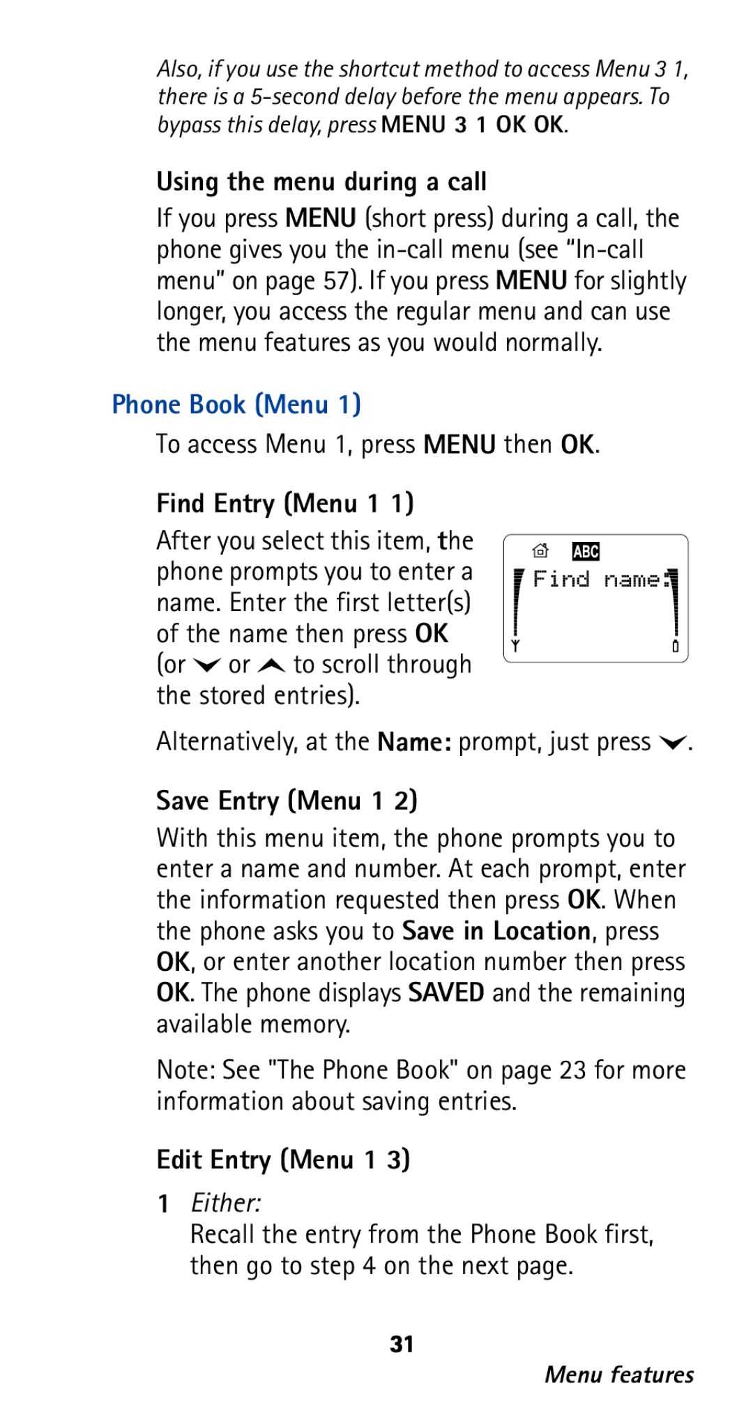 Nokia 282 Using the menu during a call, Phone Book Menu, Find Entry Menu 1, Save Entry Menu 1, Edit Entry Menu 1 