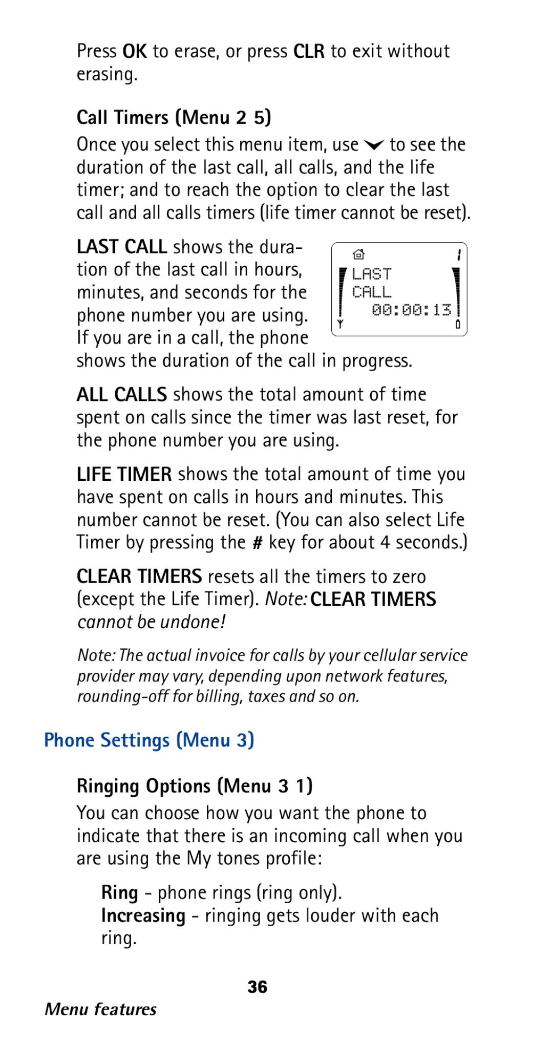 Nokia 282 owner manual Call Timers Menu 2, Phone Settings Menu, Ringing Options Menu 3 