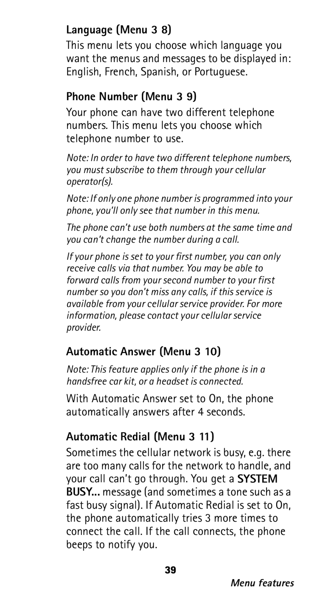 Nokia 282 owner manual Language Menu 3, Phone Number Menu 3, Automatic Answer Menu 3, Automatic Redial Menu 3 