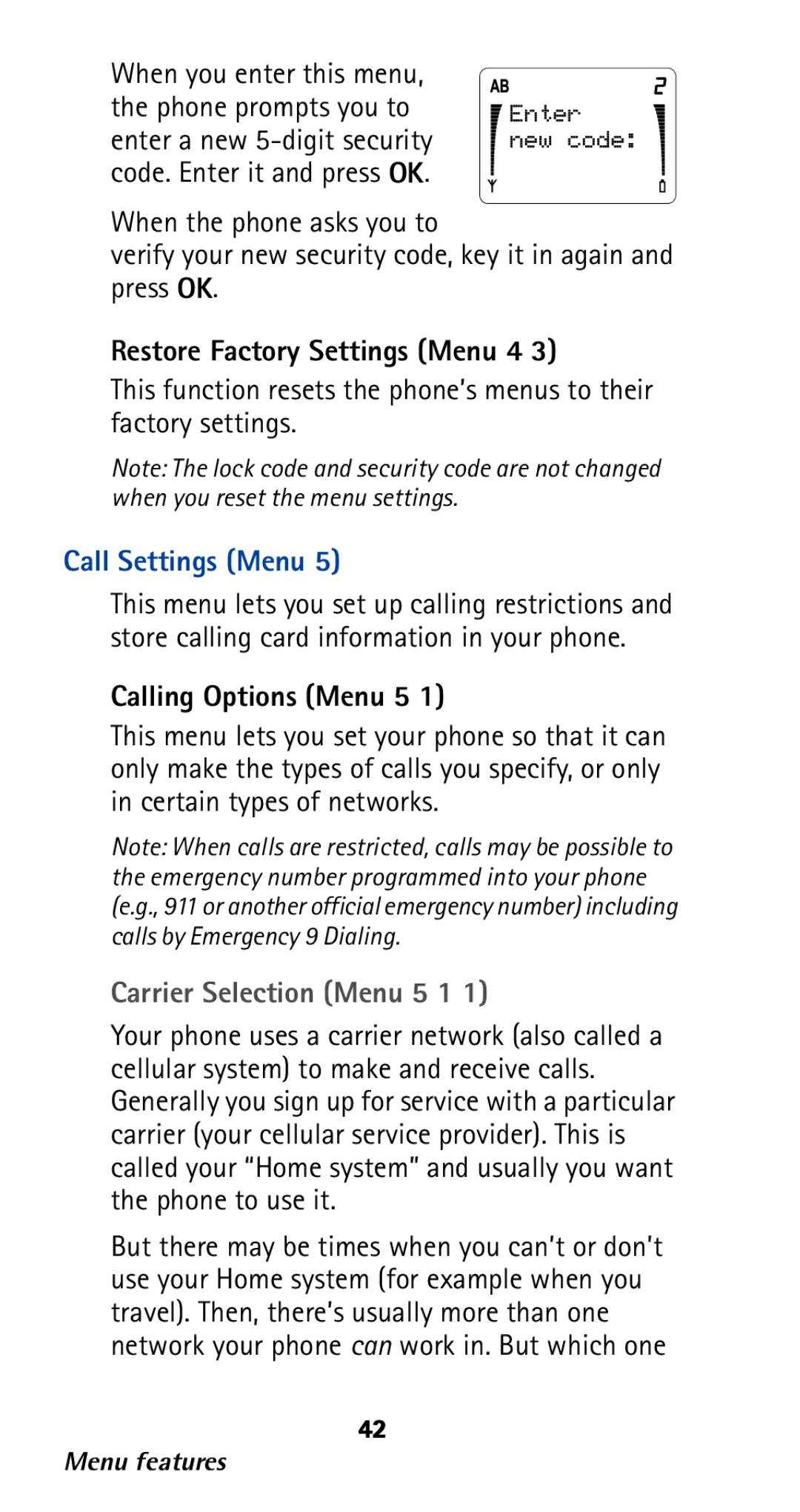 Nokia 282 Restore Factory Settings Menu 4, Call Settings Menu, Calling Options Menu 5, Carrier Selection Menu 5 1 