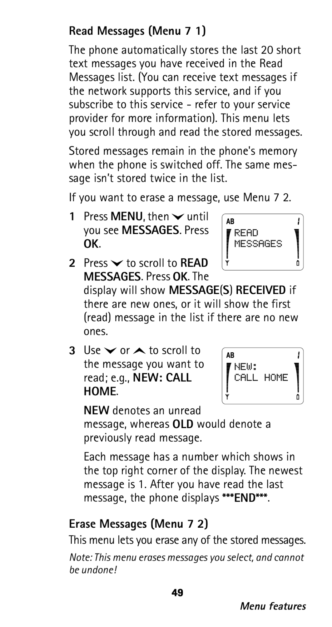 Nokia 282 owner manual Read Messages Menu 7, Erase Messages Menu 7 