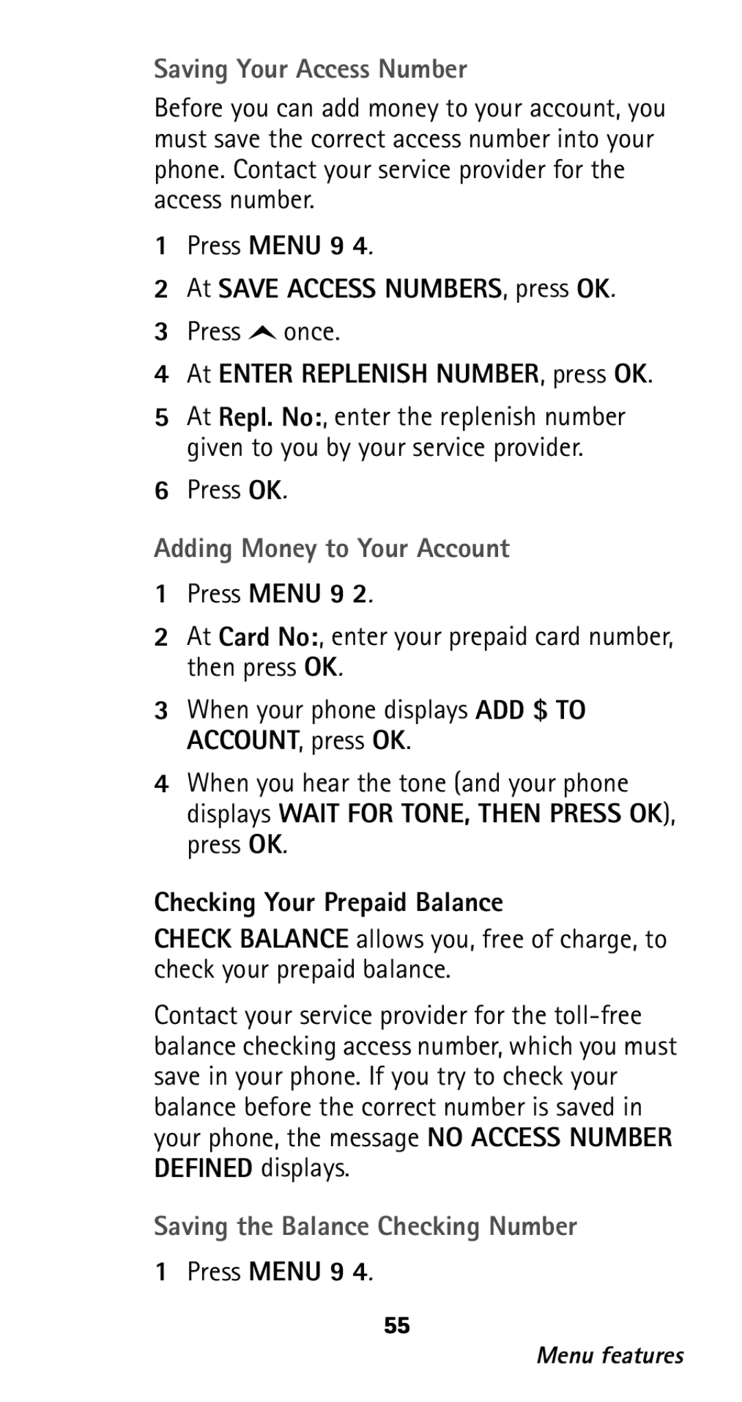 Nokia 282 owner manual Saving Your Access Number, Adding Money to Your Account, Saving the Balance Checking Number 